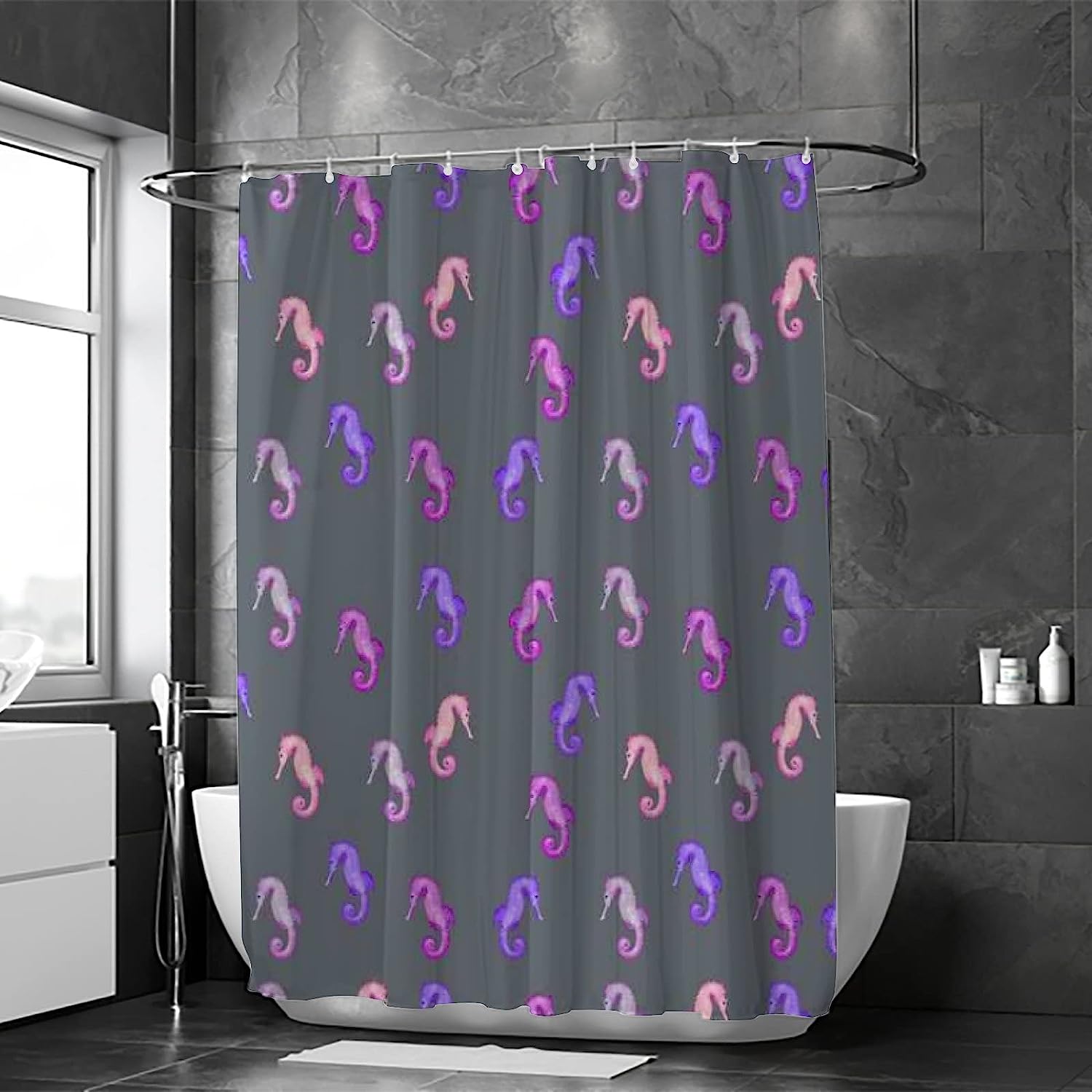 Purple Seahorse Print Shower Curtain for Ocean-Themed Bathroom Design