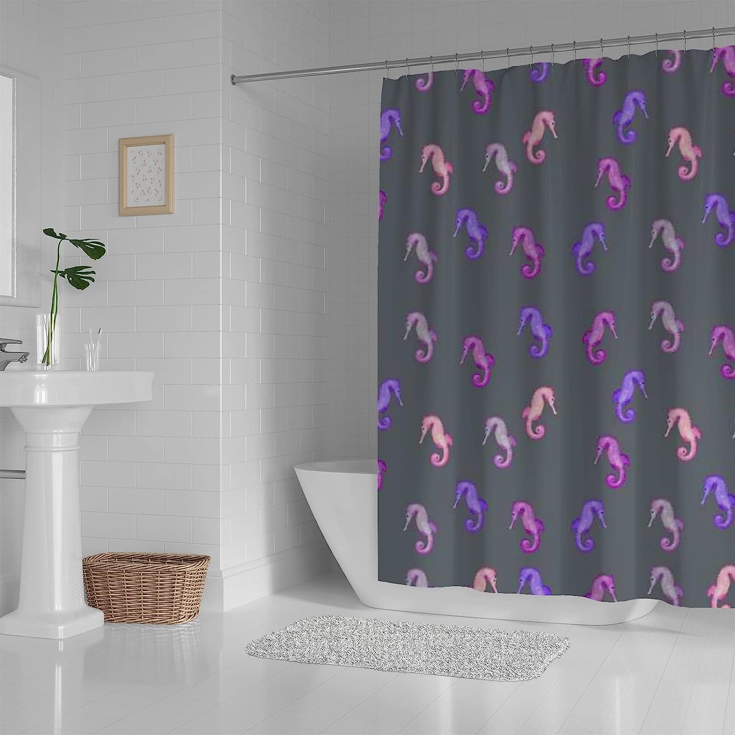 Purple Seahorse Print Shower Curtain for Ocean-Themed Bathroom Design