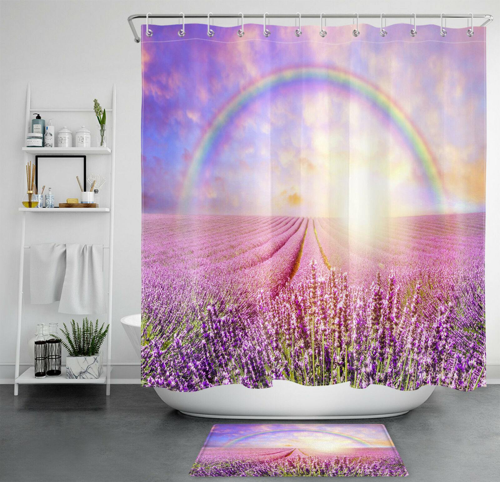 Purple Shower Curtain with Lavender Field Sunrise Rainbow Scenery