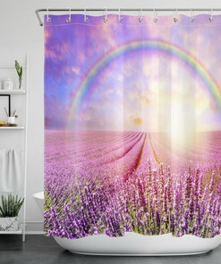 Purple Shower Curtain with Lavender Field Sunrise Rainbow Scenery