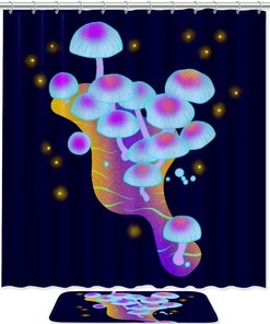 Purple White Mushroom Printed Bathroom Tub Set With Waterproof Fabric Shower Curtain