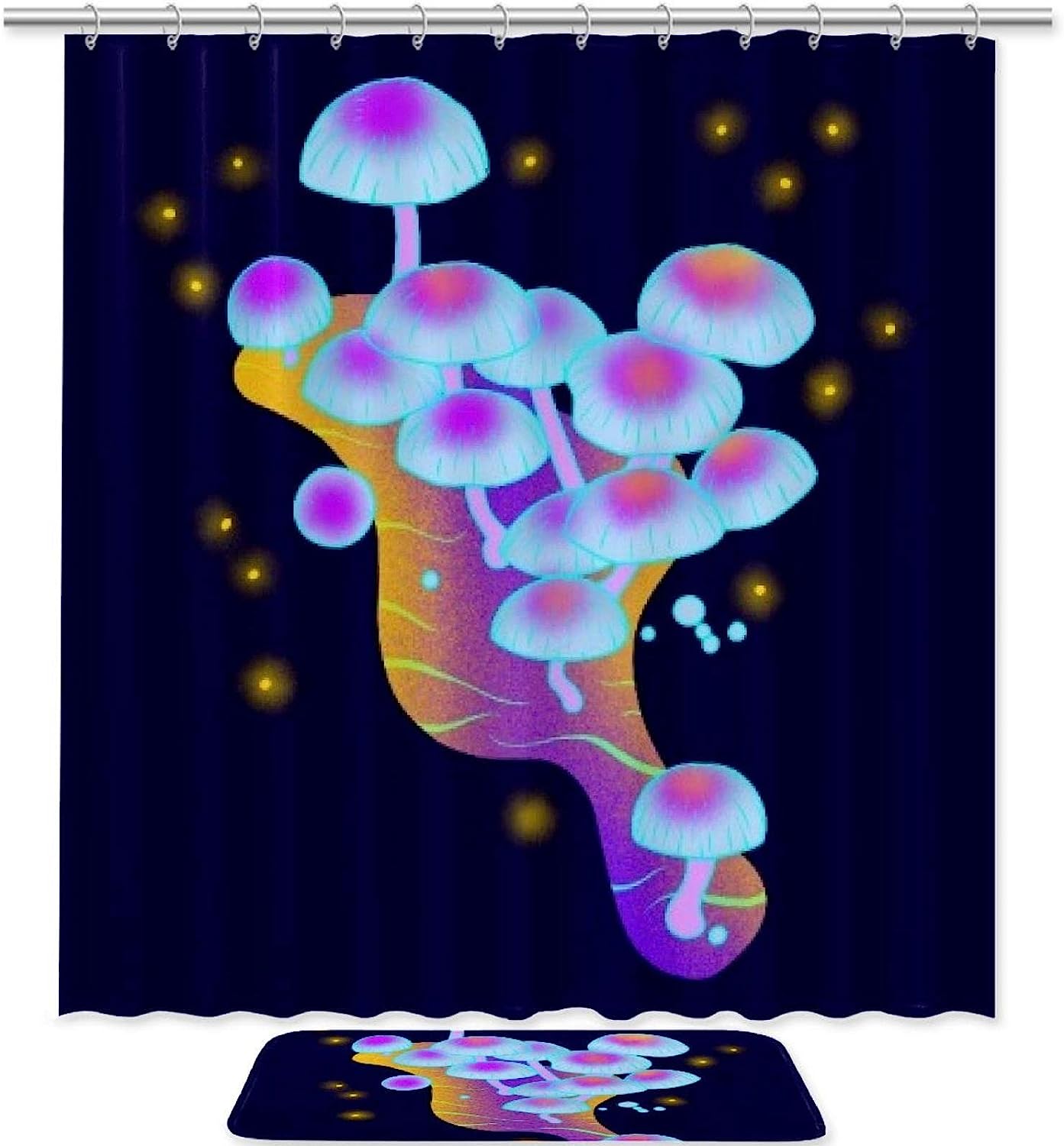 Purple White Mushroom Printed Bathroom Tub Set With Waterproof Fabric Shower Curtain