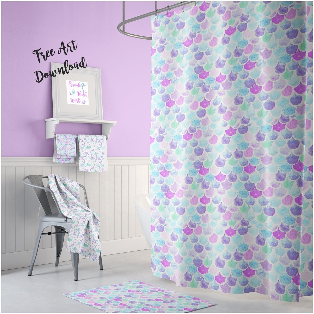 Purple and Teal Mermaid Bathroom Decor Shower Curtain for Girls