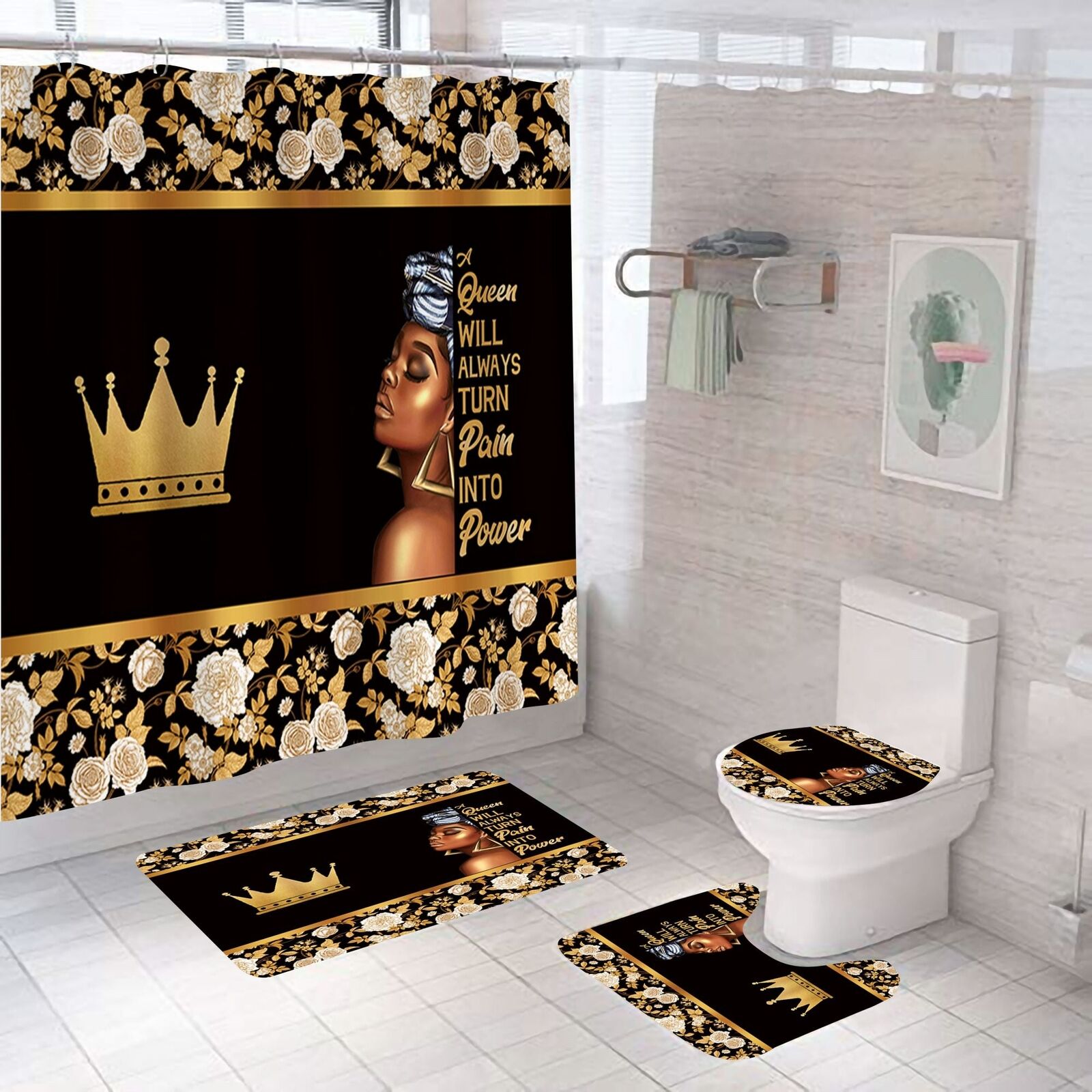 Queen Power African American Shower Curtain 4 Piece Set