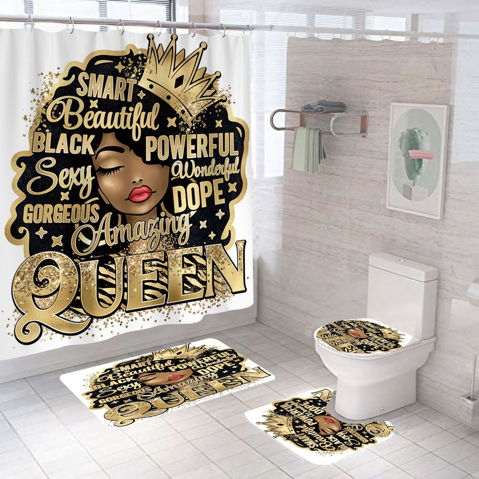 Queen Vibez African American Shower Curtain 4 Piece Set