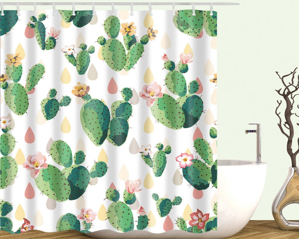 Quirky And Cute Green Boho Cacti Succulent Plant Shower Curtain