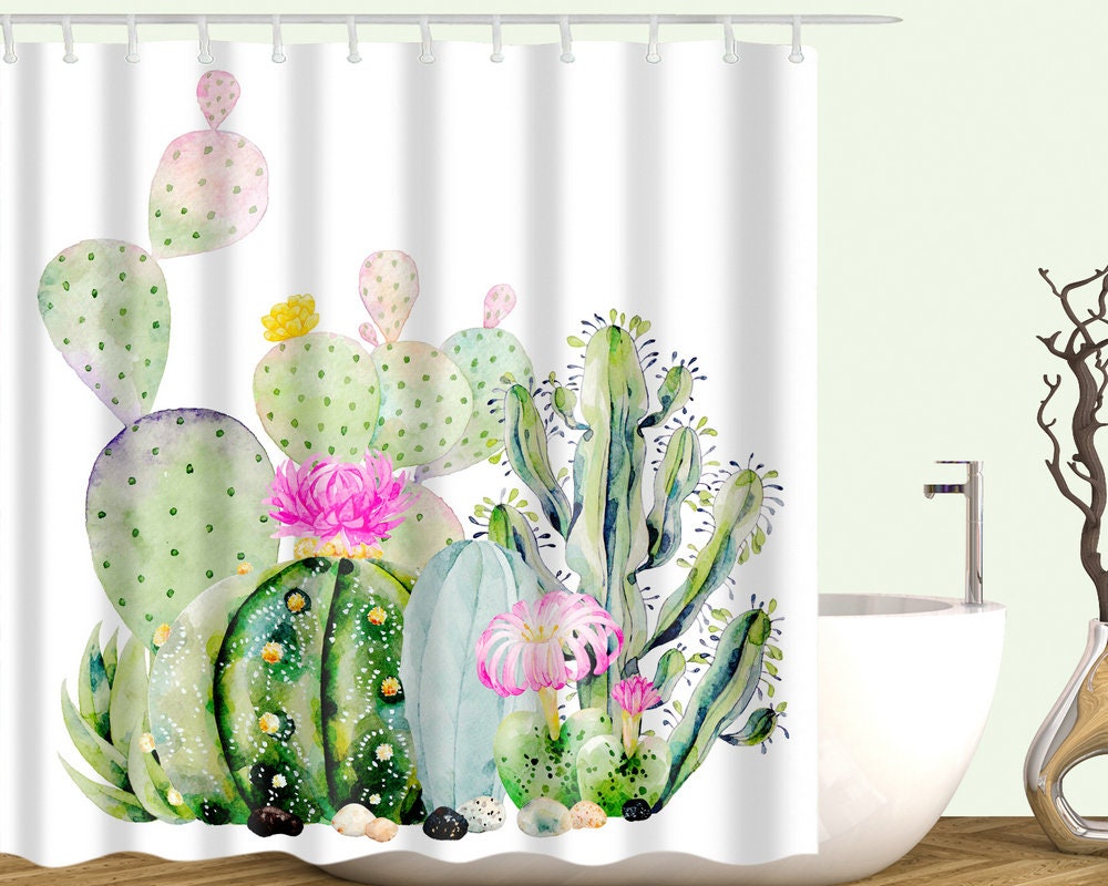 Quirky And Cute Green Boho Cacti Succulent Plant Shower Curtain - Image 2