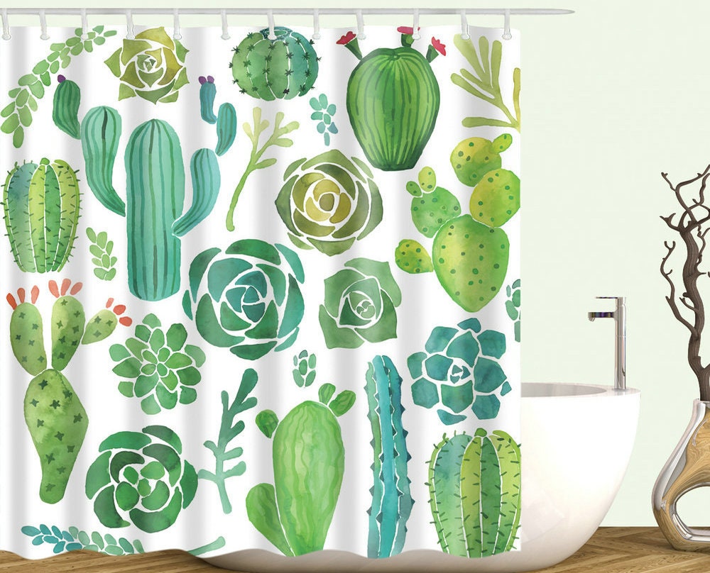 Quirky And Cute Green Boho Cacti Succulent Plant Shower Curtain - Image 4