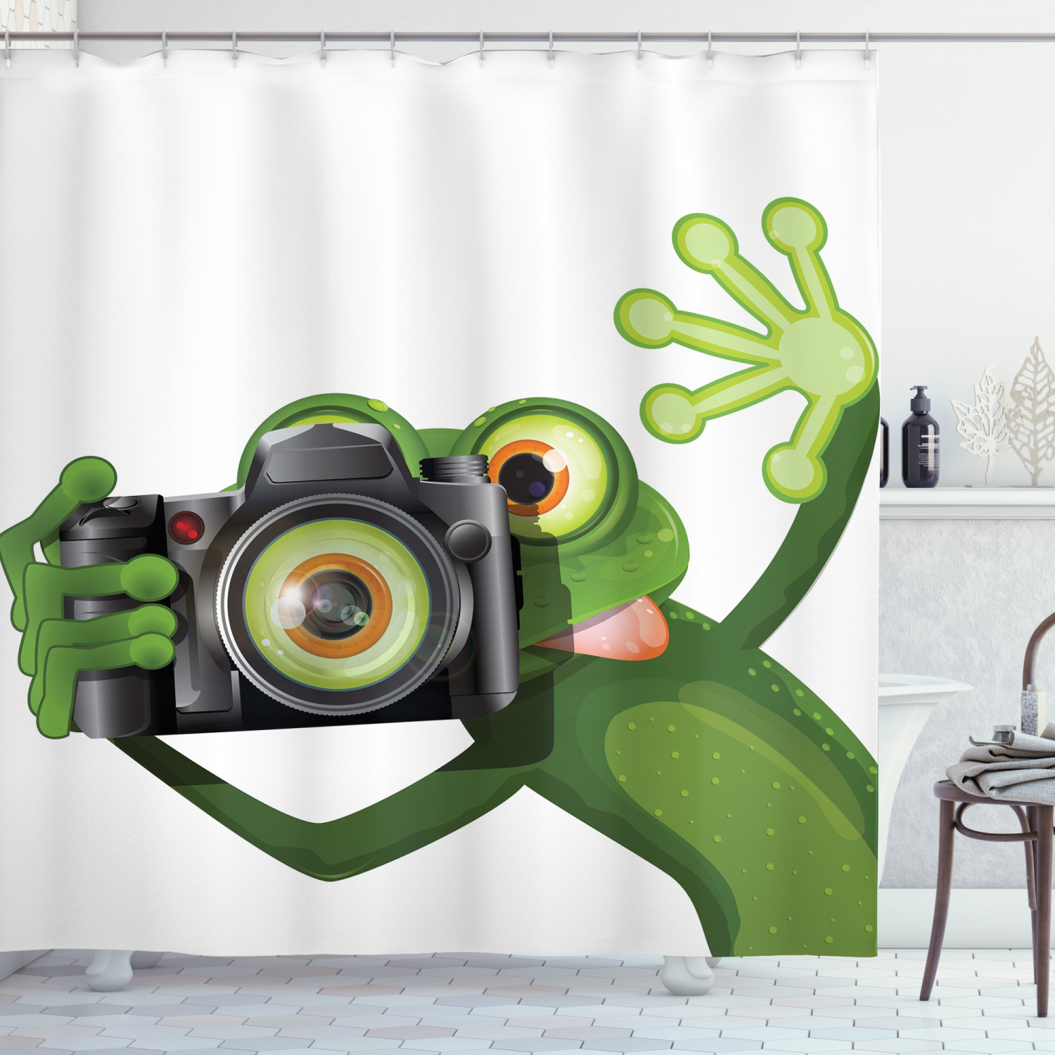 Quirky And Fun Frog Shower Curtain With Camera Print - A Perfect Addition To Your Bathroom Decor