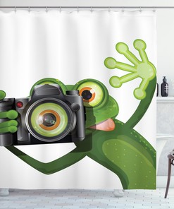 Quirky And Fun Frog Shower Curtain With Camera Print - A Perfect Addition To Your Bathroom Decor