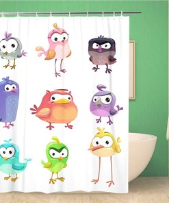 Quirky Cartoon Birds Shower Curtain with Colorful Design - Waterproof Fabric Bathroom Curtains 