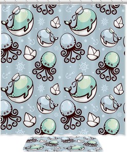 Quirky Dolphin Octopus Boat Shower Curtain - Waterproof Fabric Bathroom Curtain