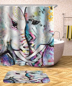 Quirky Elephant Graffiti Painting Waterproof Shower Curtain With Anti-Slip Bathtub