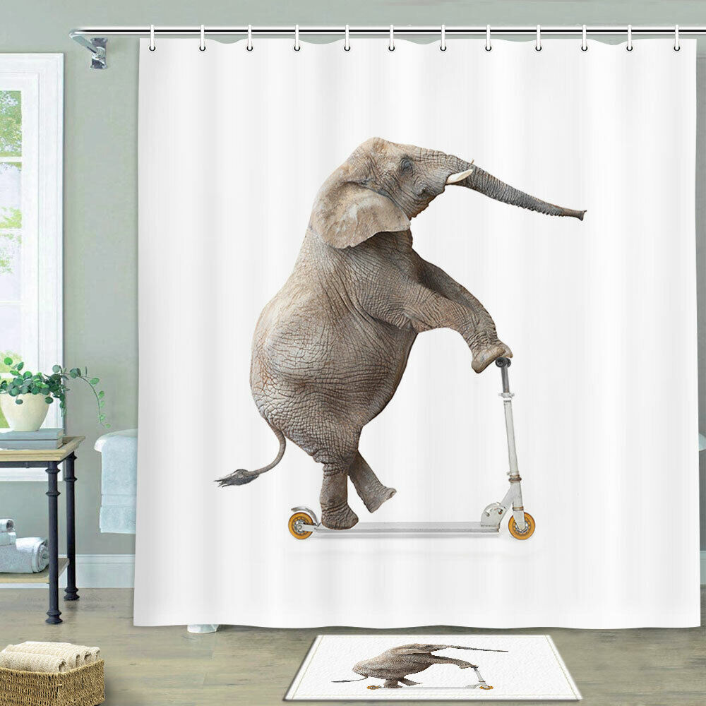 Quirky Elephant Riding A Scooter Shower Curtain With Bathroom Decor Fabric