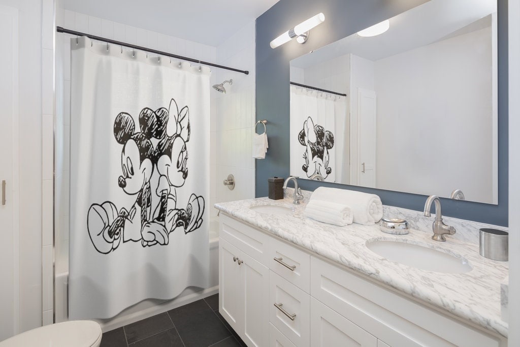 Quirky Mickey Minnie Sketch Shower Curtain For Disney Lovers