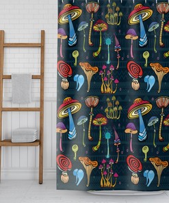 Quirky Mushroom Decor Bathroom with Black Shower Curtain - Perfect for Magic Mushroom Shower Curtain Enthusiasts
