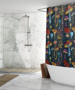 Quirky Mushroom Decor Bathroom with Black Shower Curtain - Perfect for Magic Mushroom Shower Curtain Enthusiasts