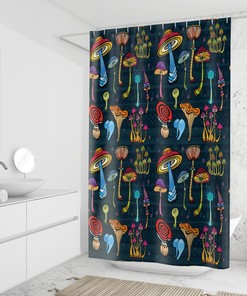 Quirky Mushroom Decor Bathroom with Black Shower Curtain - Perfect for Magic Mushroom Shower Curtain Enthusiasts
