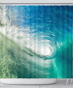 Quirky Surfer Tube Ocean Wave Shower Curtain - Waterproof and Durable Fabric, Inviting and Fun Bathroom Decor