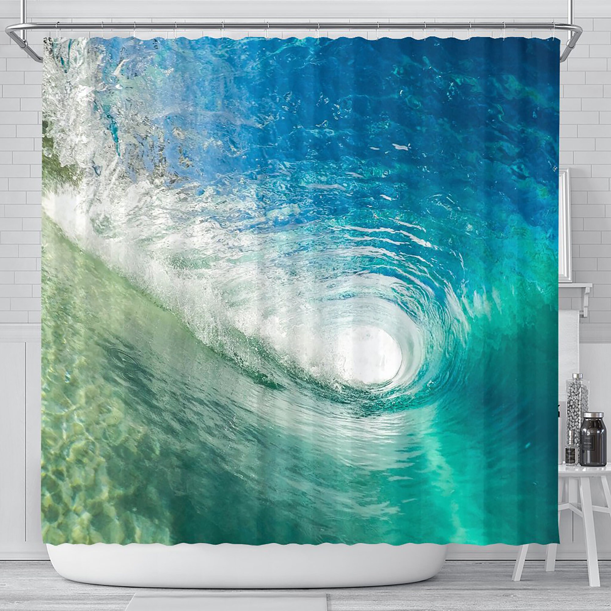 Quirky Surfer Tube Ocean Wave Shower Curtain - Waterproof and Durable Fabric, Inviting and Fun Bathroom Decor