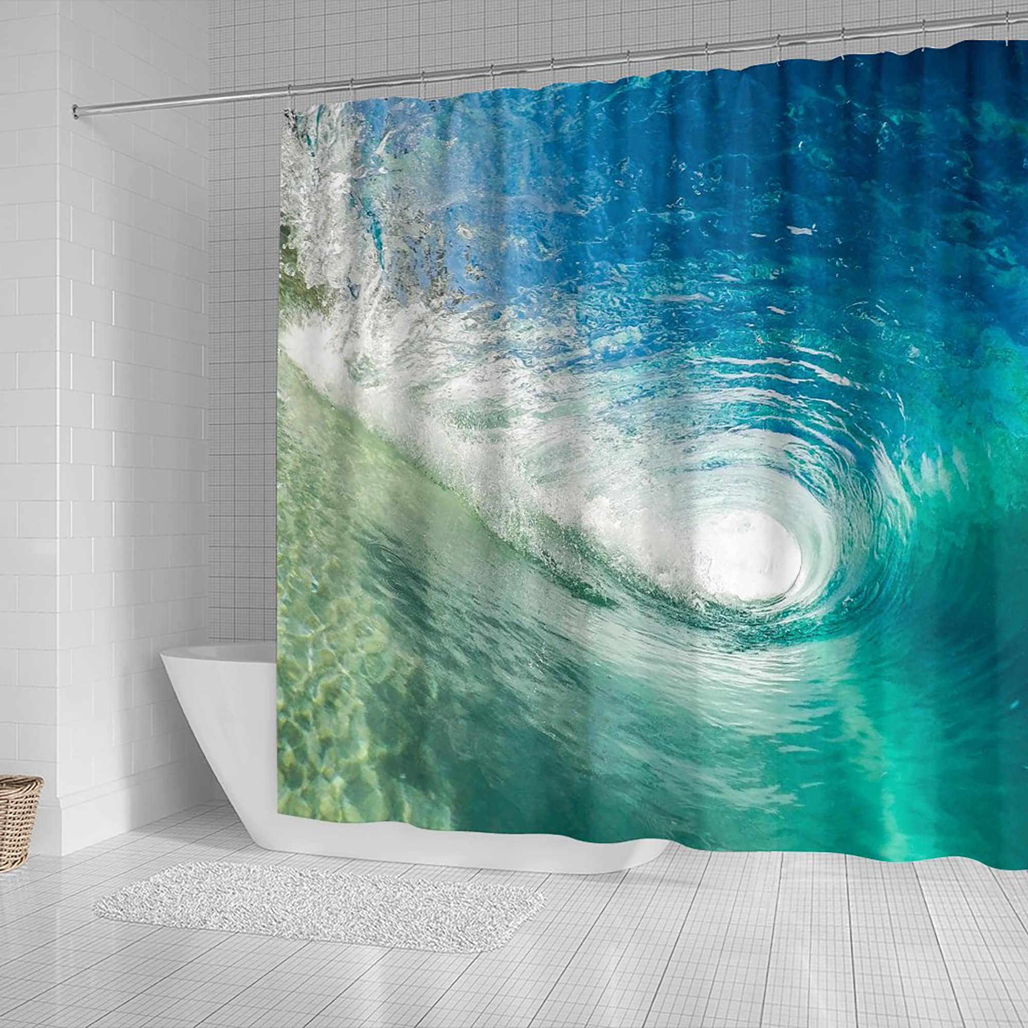 Quirky Surfer Tube Ocean Wave Shower Curtain - Waterproof and Durable Fabric, Inviting and Fun Bathroom Decor