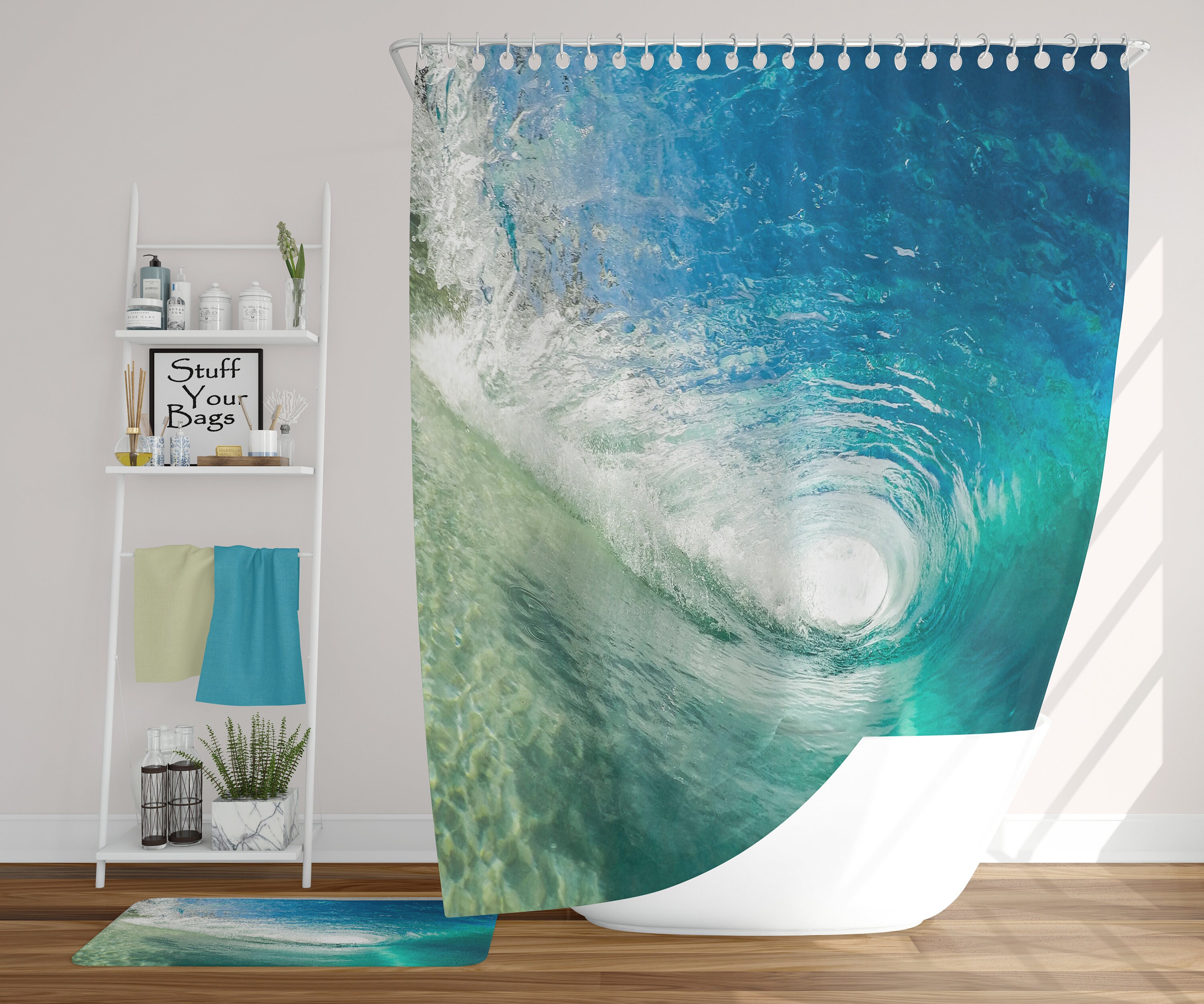 Quirky Surfer Tube Ocean Wave Shower Curtain - Waterproof and Durable Fabric, Inviting and Fun Bathroom Decor
