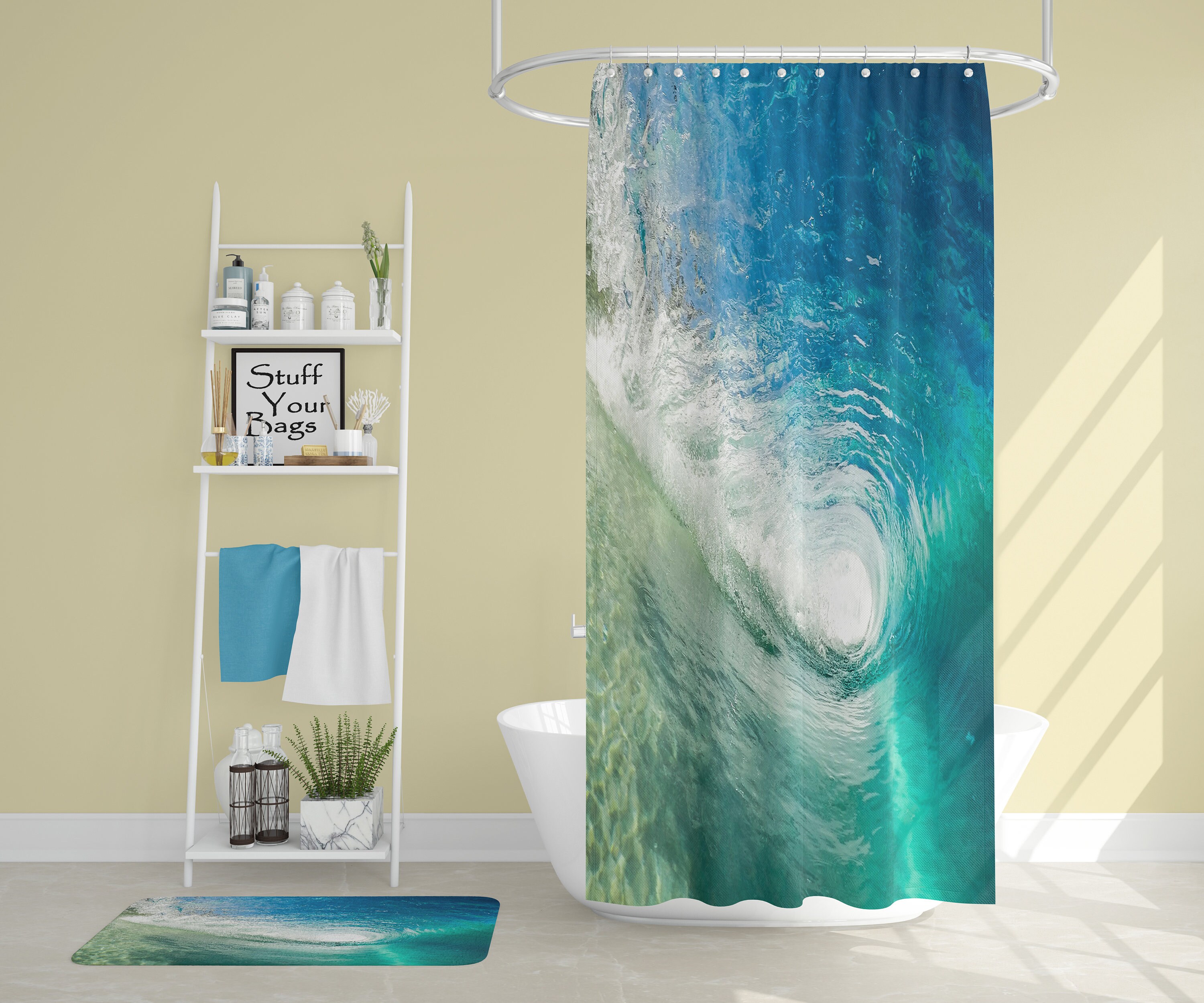 Quirky Surfer Tube Ocean Wave Shower Curtain - Waterproof and Durable Fabric, Inviting and Fun Bathroom Decor