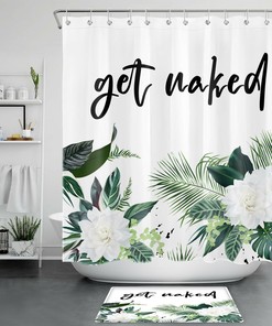 Quirky and Humorous Word Design Shower Curtain with Tropical Plant Leaf Flowers