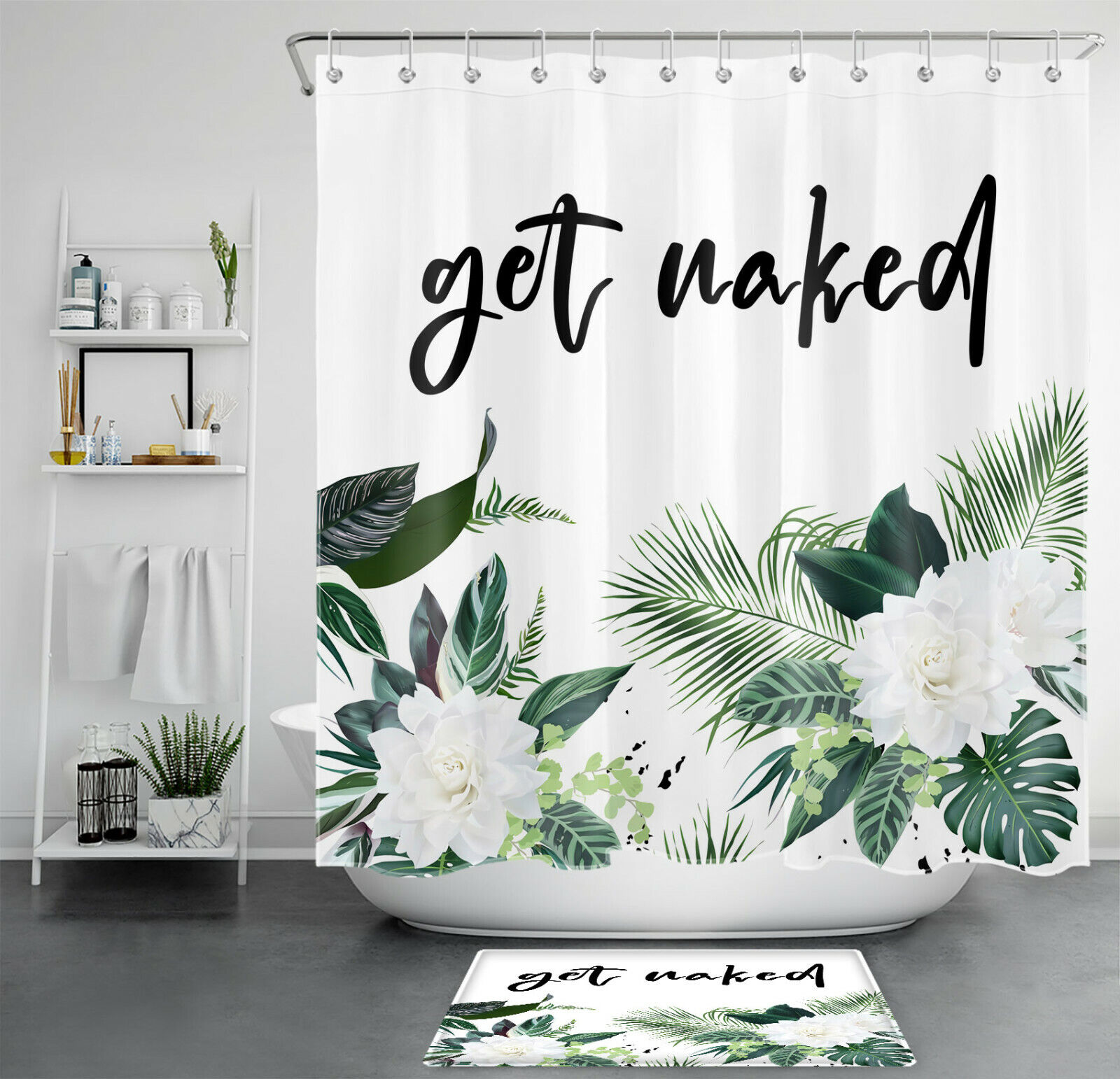 Quirky and Humorous Word Design Shower Curtain with Tropical Plant Leaf Flowers