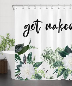 Quirky and Humorous Word Design Shower Curtain with Tropical Plant Leaf Flowers