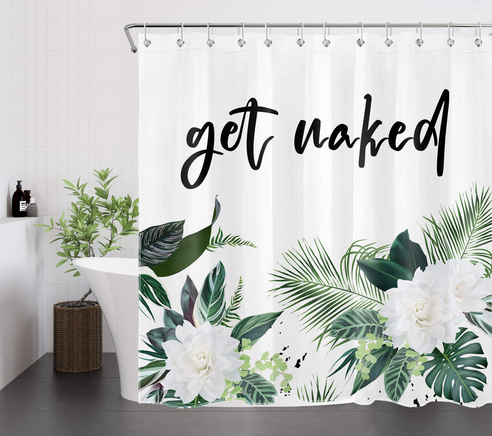 Quirky and Humorous Word Design Shower Curtain with Tropical Plant Leaf Flowers