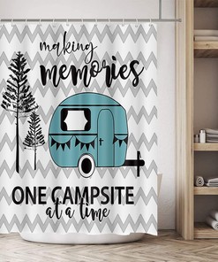 RV Shower Curtain for Camper with Trees on Gray Chevron for Happy Camping