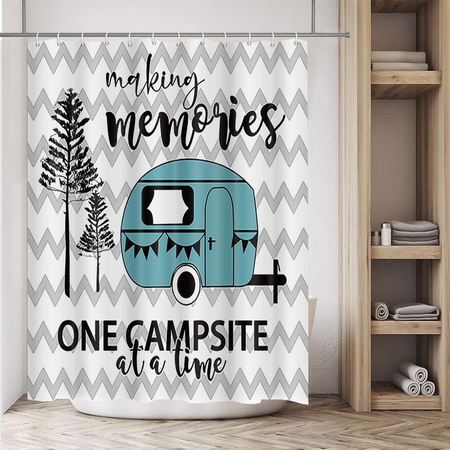 RV Shower Curtain for Camper with Trees on Gray Chevron for Happy Camping