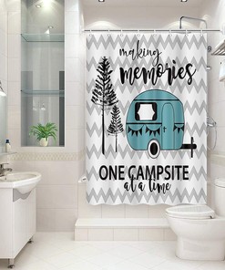 RV Shower Curtain for Camper with Trees on Gray Chevron for Happy Camping
