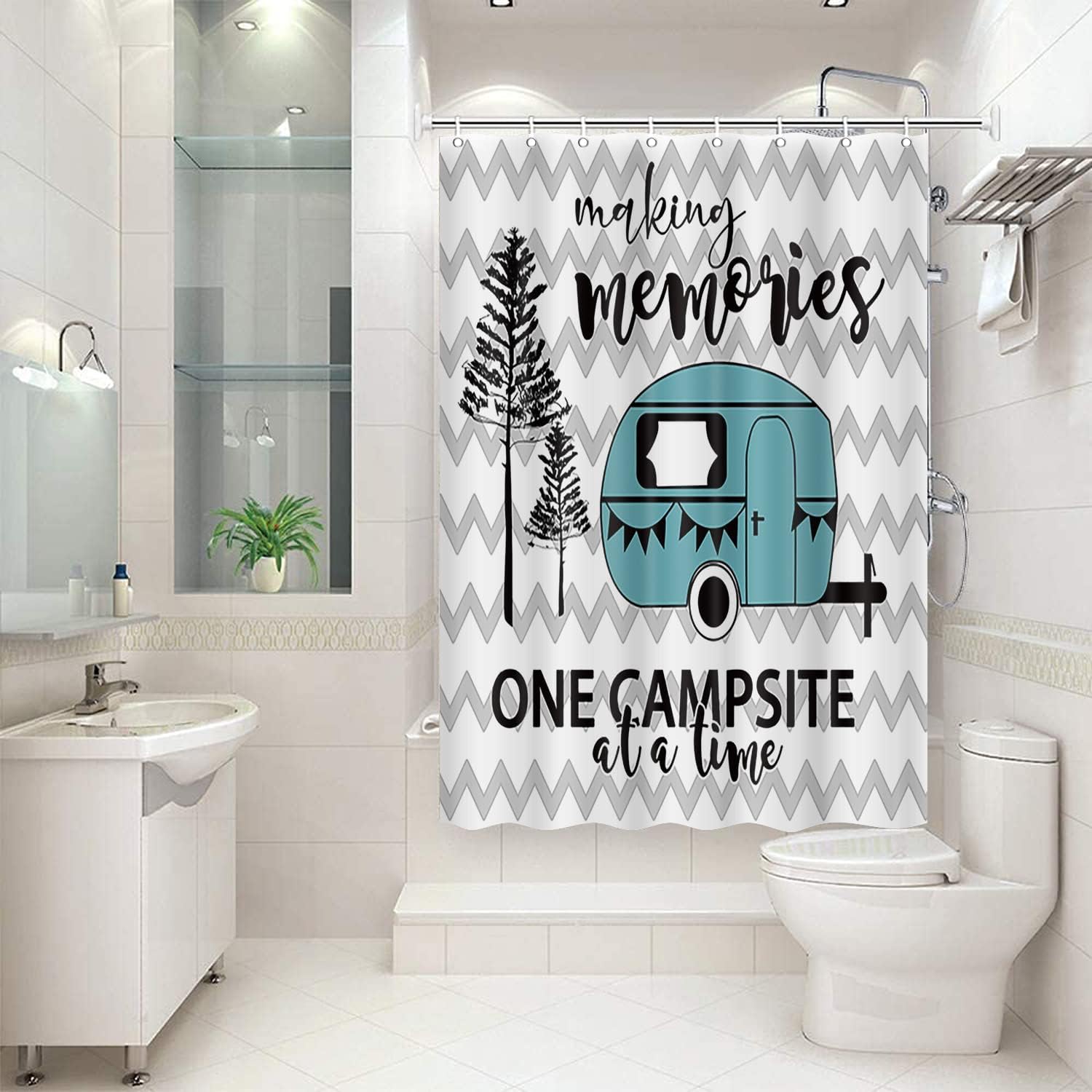 RV Shower Curtain for Camper with Trees on Gray Chevron for Happy Camping