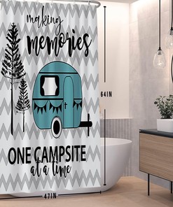 RV Shower Curtain for Camper with Trees on Gray Chevron for Happy Camping