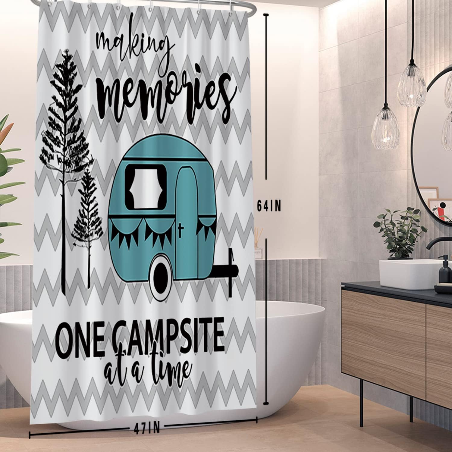 RV Shower Curtain for Camper with Trees on Gray Chevron for Happy Camping
