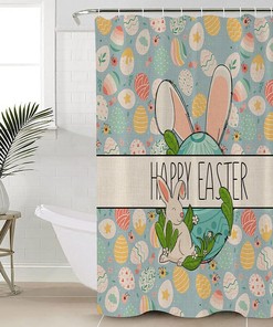 Rabbit Eggs Floral Blue Easter Shower Curtain For Bathroom Decor