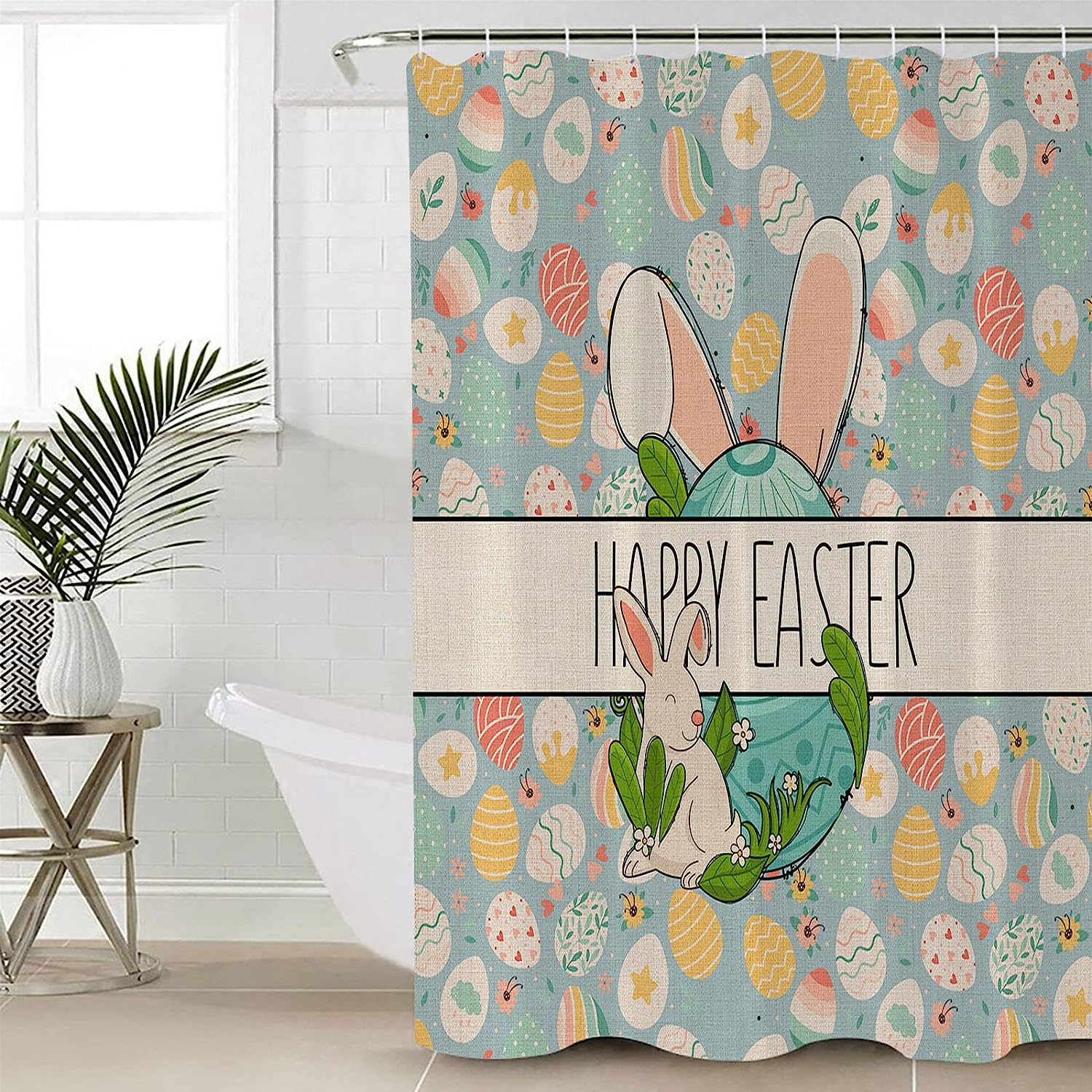 Rabbit Eggs Floral Blue Easter Shower Curtain For Bathroom Decor