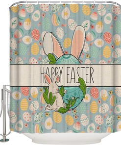 Rabbit Eggs Floral Blue Easter Shower Curtain For Bathroom Decor