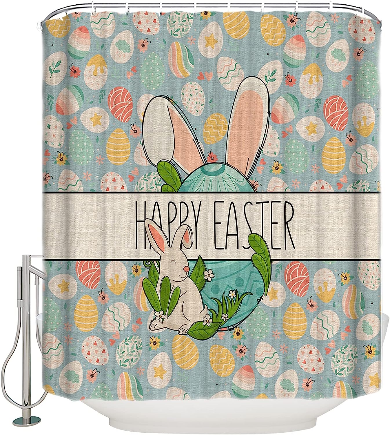 Rabbit Eggs Floral Blue Easter Shower Curtain For Bathroom Decor