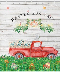 Rabbit On Red Truck With Easter Eggs Farmhouse Shower Curtain
