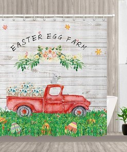 Rabbit On Red Truck With Easter Eggs Farmhouse Shower Curtain