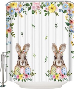 Rabbit Wonderland Colorful Flower Leaves Shower Curtain - Easter Egg Waterproof Bath Curtain For Spring Bathroom Decor