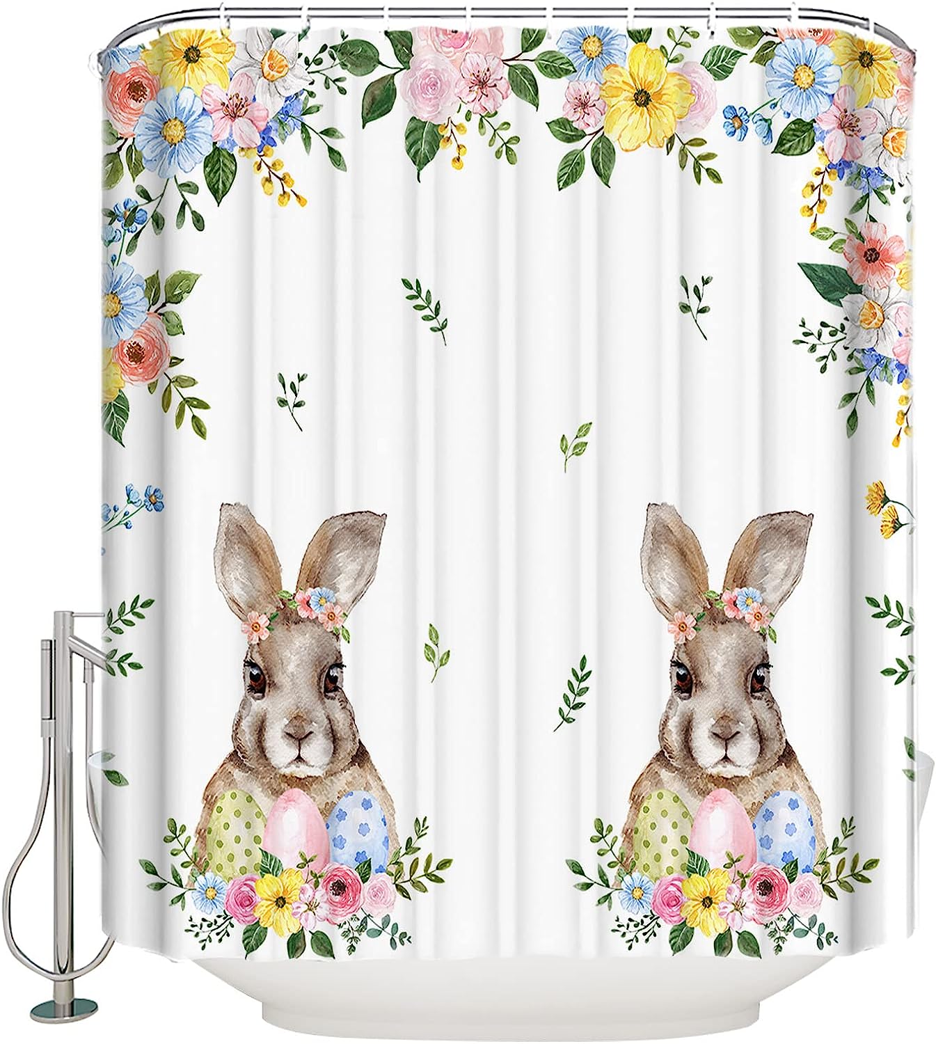 Rabbit Wonderland Colorful Flower Leaves Shower Curtain - Easter Egg Waterproof Bath Curtain For Spring Bathroom Decor