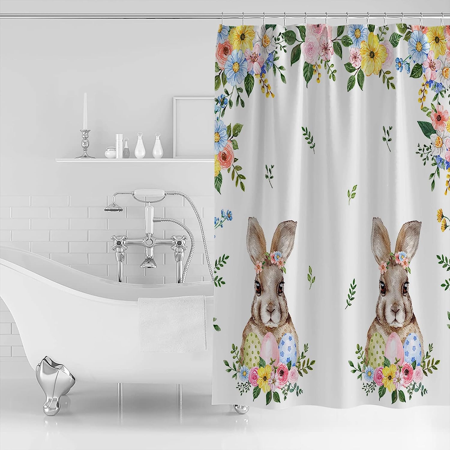 Rabbit Wonderland Colorful Flower Leaves Shower Curtain - Easter Egg Waterproof Bath Curtain For Spring Bathroom Decor - Image 2