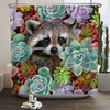 Raccoon and Cactus Flowers Vintage Bathroom Shower Curtain, Tropical Garden Plants Decor, Waterproof Fabric Bath Curtain