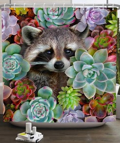 Raccoon and Cactus Flowers Vintage Bathroom Shower Curtain, Tropical Garden Plants Decor, Waterproof Fabric Bath Curtain