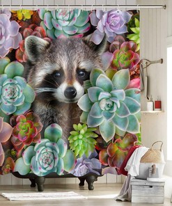 Raccoon and Cactus Flowers Vintage Bathroom Shower Curtain, Tropical Garden Plants Decor, Waterproof Fabric Bath Curtain