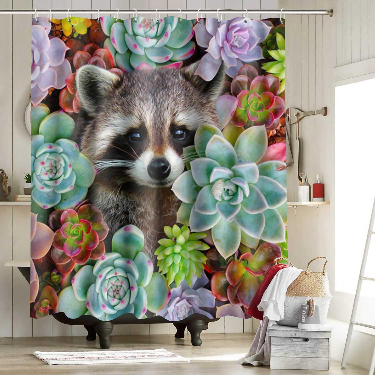 Raccoon and Cactus Flowers Vintage Bathroom Shower Curtain, Tropical Garden Plants Decor, Waterproof Fabric Bath Curtain